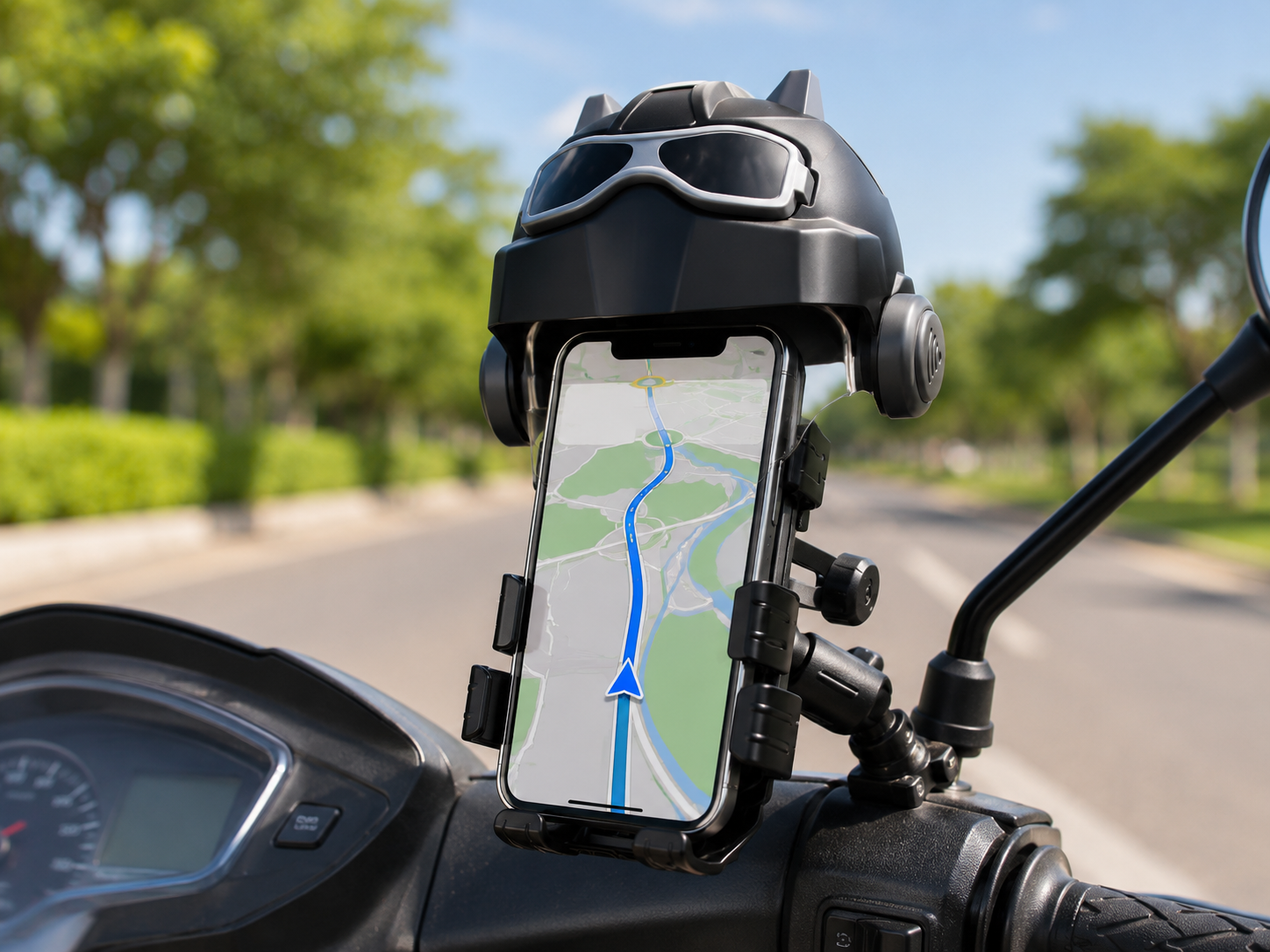 Phone mounted securely on a scooter handlebar